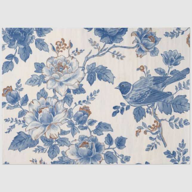 Papier Mousseline Oiseaux bleus fleurs blanches crème découpage (Recto)