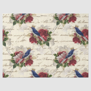 Papier Mousseline Oiseaux bleus Vintages avec des foules et des Rose