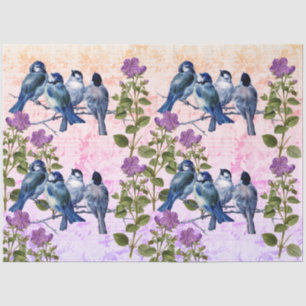 Papier Mousseline Oiseaux bleus vintages, Fleurs Musique orange-viol