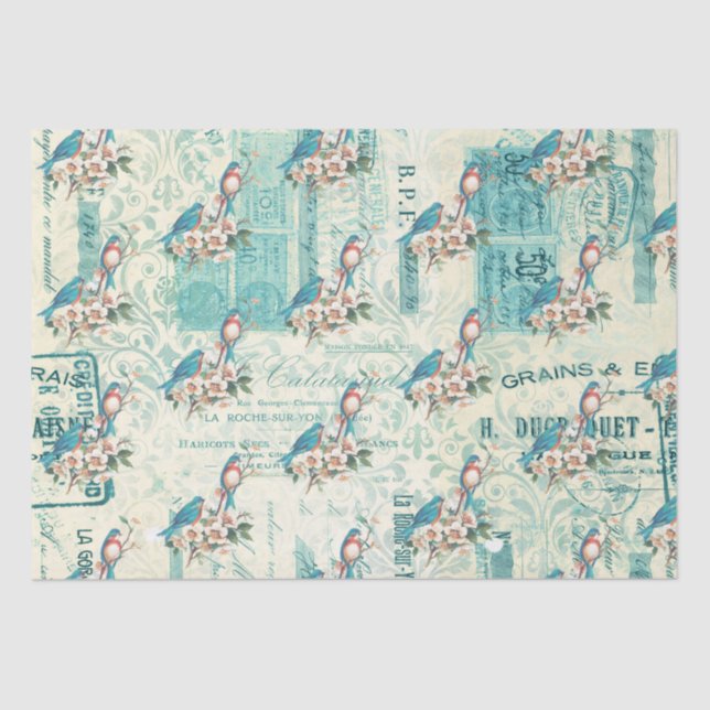 Papier Mousseline Oiseaux Bleus vintages Sur Ephémère Française (Recto)