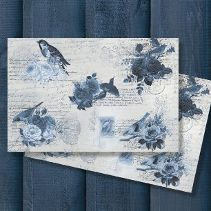Papier Mousseline Oiseaux Botaniques vintages Fleurs Bleues Découpag