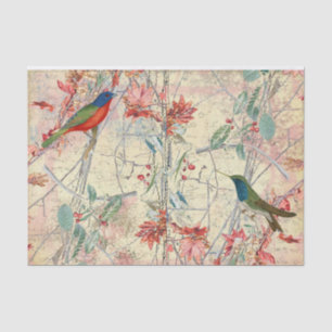 Papier Mousseline Oiseaux colorés chantant aux fleurs rouges