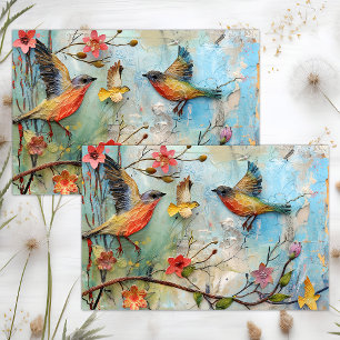 PAPIER MOUSSELINE OISEAUX COLORÉS EN VOL DÉCOUPAGE MIXTE MÉDIA