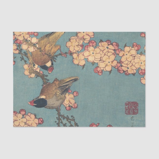 Papier Mousseline Oiseaux Fleurs Hokusai Art Japonais (Recto)