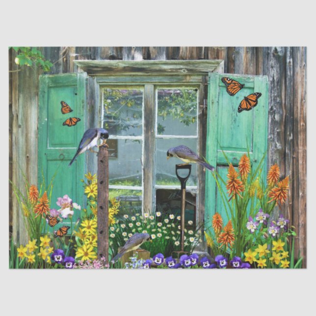 Papier Mousseline Oiseaux Flower Garden Rustic Shed (Recto)