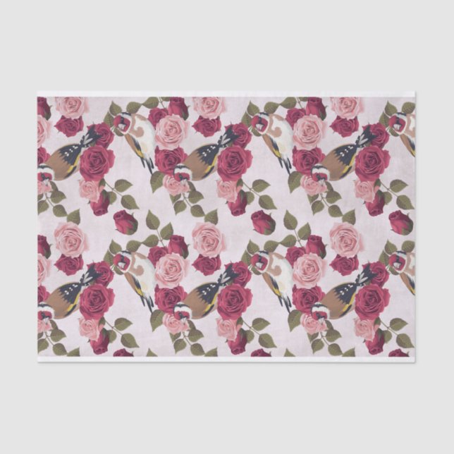 Papier Mousseline Oiseaux Goldfinch perchés sur Motif rose Roses (Recto)