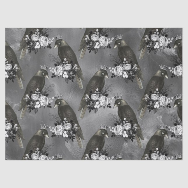 Papier Mousseline Oiseaux noirs couronnés et fleurs blanches sur gri (Recto)