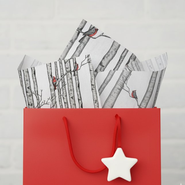 Papier Mousseline Oiseaux rouges et blancs et oiseaux cardinaux roug (Festive Winter Woodland Tissue Paper. Rustic Birch Tree and Red Cardinal Bird Pattern for Christmas)