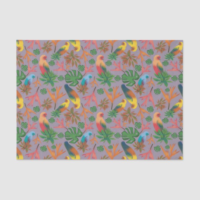 Papier Mousseline Oiseaux tropicaux Lavender motifs floraux (Recto)