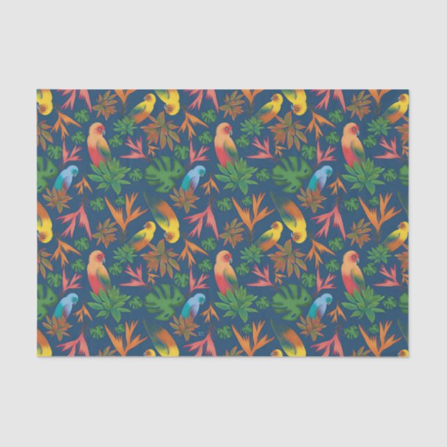 Papier Mousseline Oiseaux tropicaux Motif floral bleu (Recto)