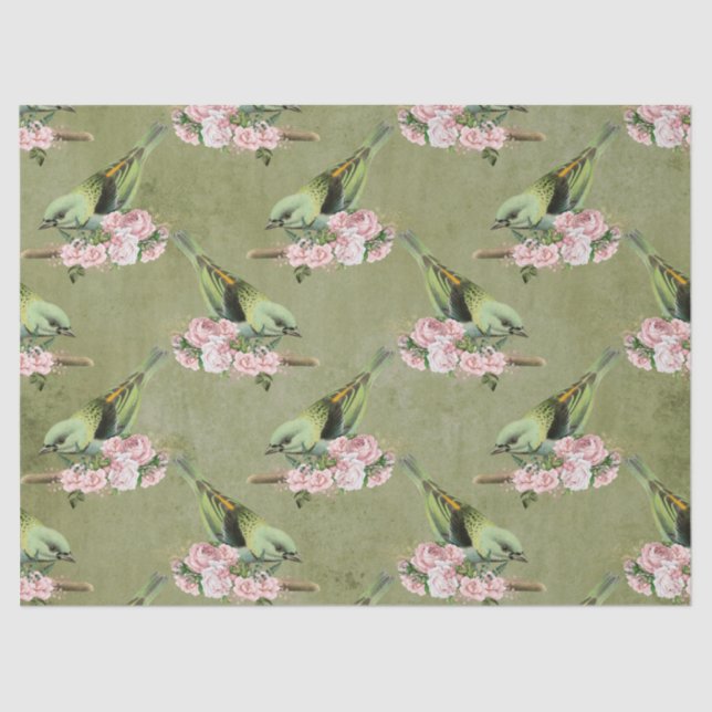 Papier Mousseline Oiseaux verts et découpage de fleurs roses (Recto)