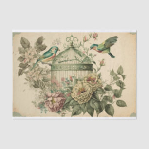 Papier Mousseline Oiseaux Vintages verts et cages de fleurs