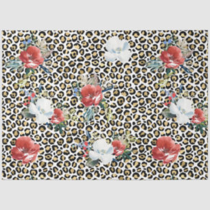 Papier Mousseline Or Empreinte de léopard Rouge Blanc Floral