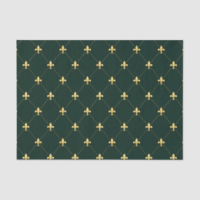 Papier Mousseline Or Fleur de Lis Vert foncé (Recto)