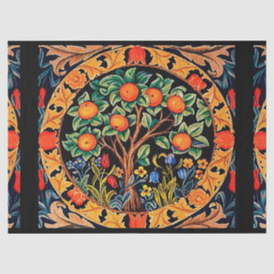 PAPIER MOUSSELINE ORANGE ARBRE AVEC FEUILLES VERTS, FLEURS