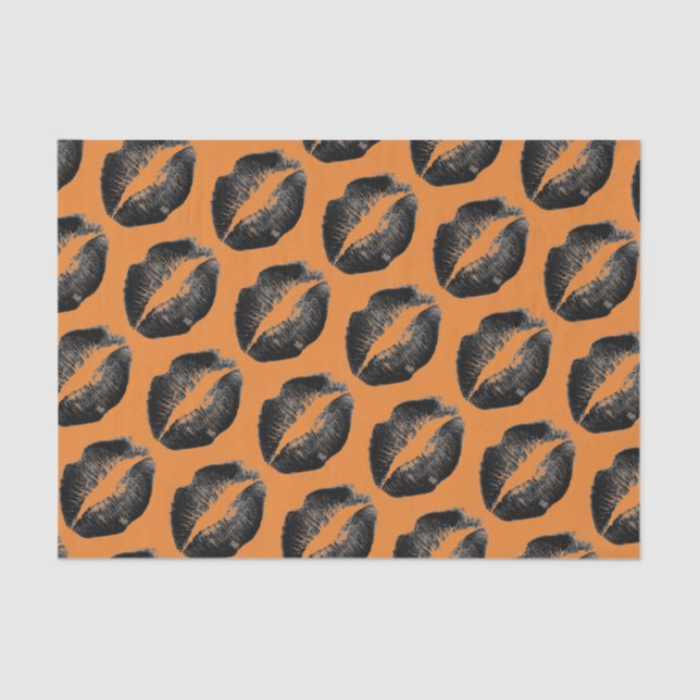 Papier Mousseline Orange Black Motif Lèvres noires Halloween fête (Recto)