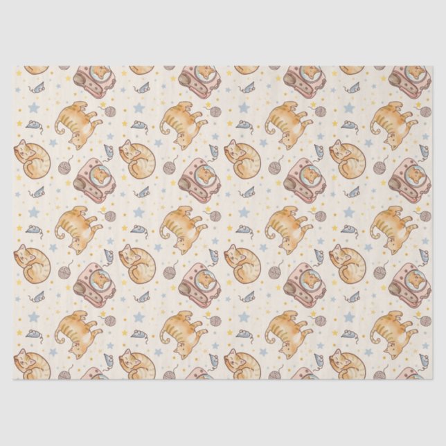 Papier Mousseline Orange Cat in a Backpack, Stars, and Yarn (Recto)