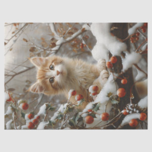 Papier Mousseline Orange Cat Winter Berries Découpage Vintage