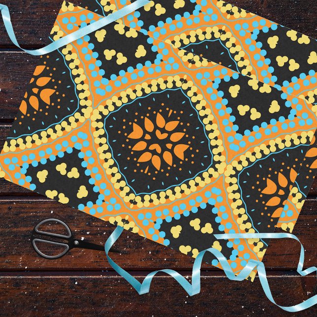 Papier Mousseline Orange Turquoise Noir Ethnic Motif Boho (Créateur téléchargé)