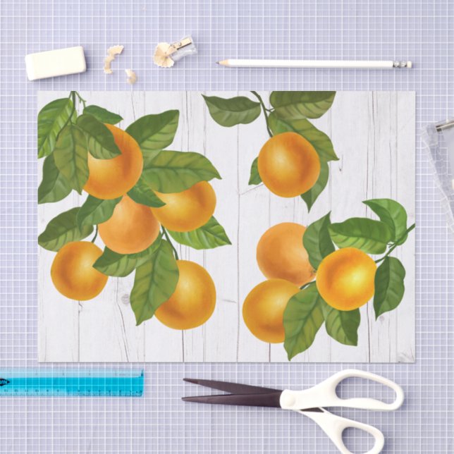 Papier Mousseline Oranges d'agrumes frais aquarelle bois blanc rusti (Artisanat)