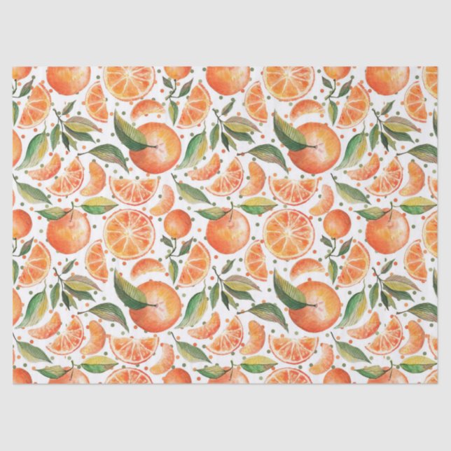 Papier Mousseline Oranges Fruit Citrus Vert Feuilles Blanc (Recto)