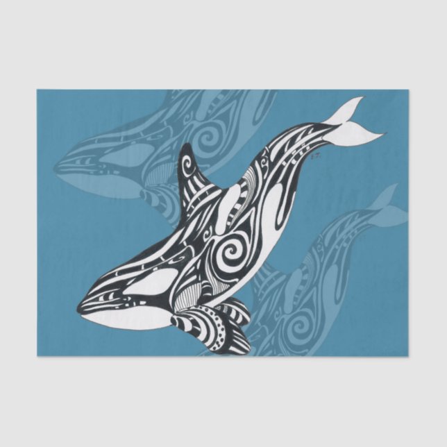 Papier Mousseline Orca Killer Whale Tlingit Indigo encre bleue (Recto)