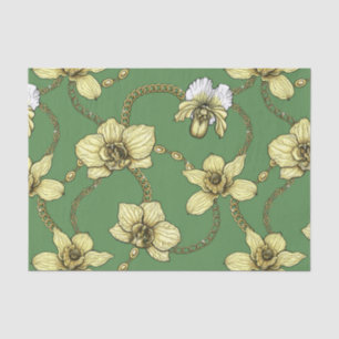 Papier Mousseline Orchidées et chaînes, jaune et vert kelly