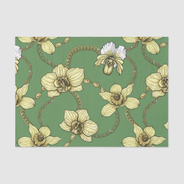 Papier Mousseline Orchidées et chaînes, jaune et vert kelly (Recto)
