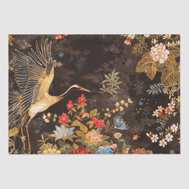 Papier Mousseline Oriental Crane and Floral Elegance (Recto)