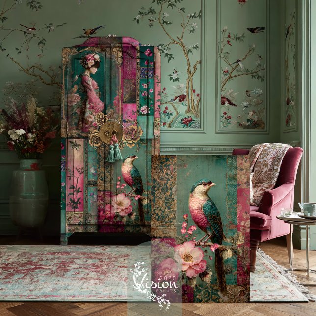 Papier Mousseline Oriental Garden Bird & Floral Collage Art (Oriental Garden, Bird & Floral, Patchwork Collage, Chinoiserie Art, Decoupage Tissue Paper)