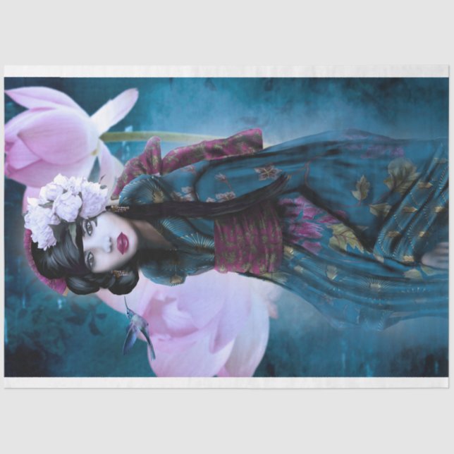 Papier Mousseline Oriental Girl Lotus & Geisha Portrait Art (Recto)