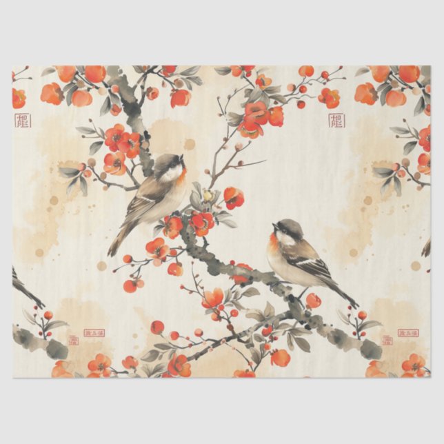 Papier Mousseline Oriental Songbirds and Blossom - Traditional Asian (Recto)