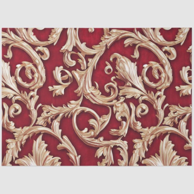 Papier Mousseline Orné or Baroque Floral Damask Rouge Velvet (Recto)