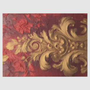 Papier Mousseline Ornement baroque faux or gras fleurs bordeaux
