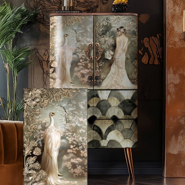 Papier Mousseline Ostrich blanc éthérée art déco ornementale floral (White Ostrich, Ethereal Floral, Nouveau, 1920's Vintage, Decoupage Tissue Paper.)