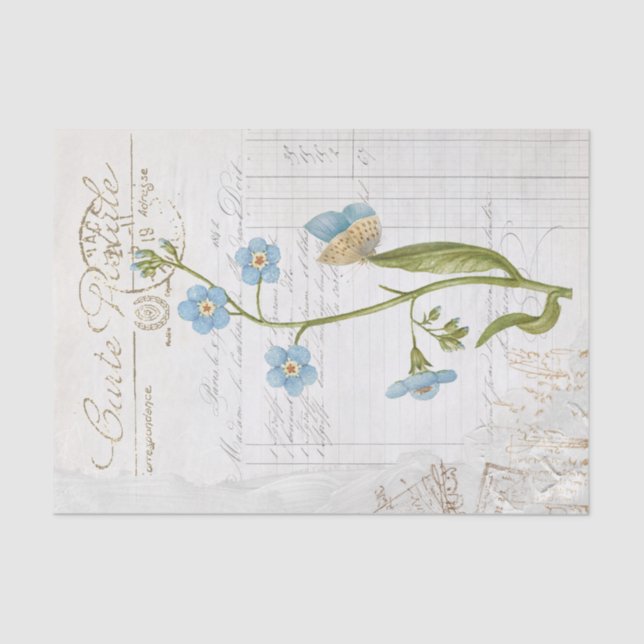 Papier Mousseline Oubliez-moi pas Blue Butterfly Flower French Scrip (Recto)