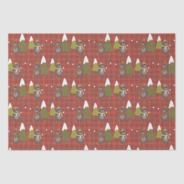 Papier Mousseline Ours d'hiver Blanc Noël Rouge Buffle Plaid (Recto)