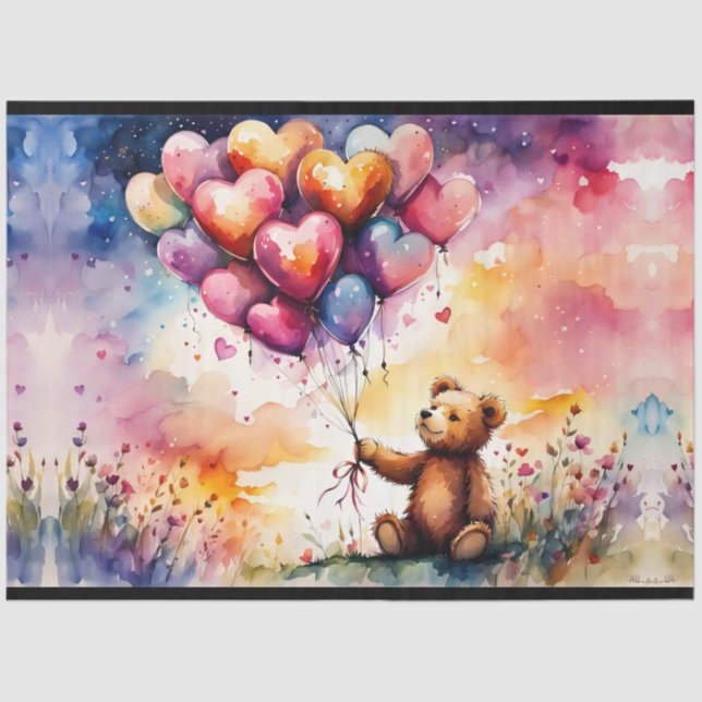 Papier Mousseline Ours en peluche avec ballons en forme de coeur (Recto)