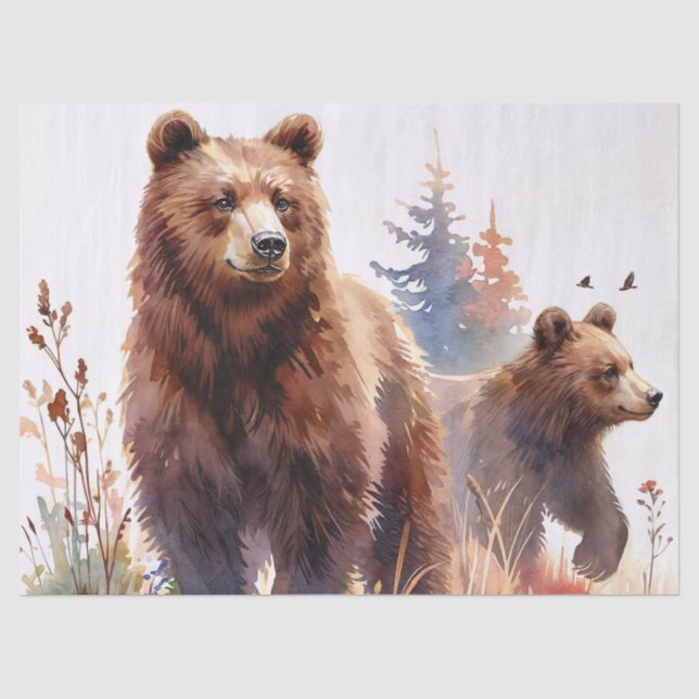 Papier Mousseline Ours Grizzlis Aquarelle Bois (Recto)