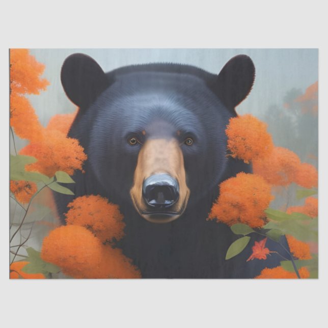 Papier Mousseline Ours noir en fleurs orange (Recto)