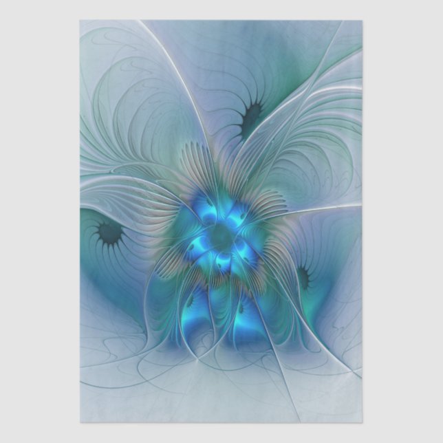 Papier Mousseline Ovation debout, fractale bleue turquoise abstraite (Recto)