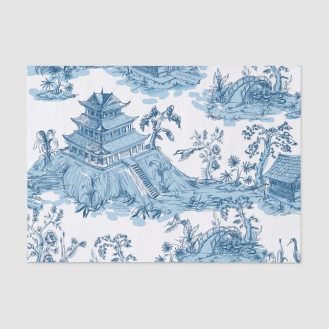 Papier Mousseline Pagode bleue vintage et blanche Chinoiserie (Recto)
