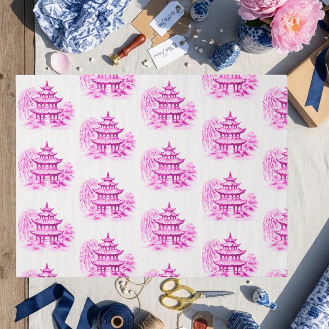 Papier Mousseline Pagode Rose Chinoiserie (Chinoiserie Pink Willow Pagoda Tissue Paper)