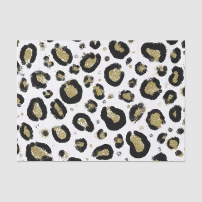 Papier Mousseline Paillettes Or Blanc & Imprimé Léopard Guépard Noir (Recto)
