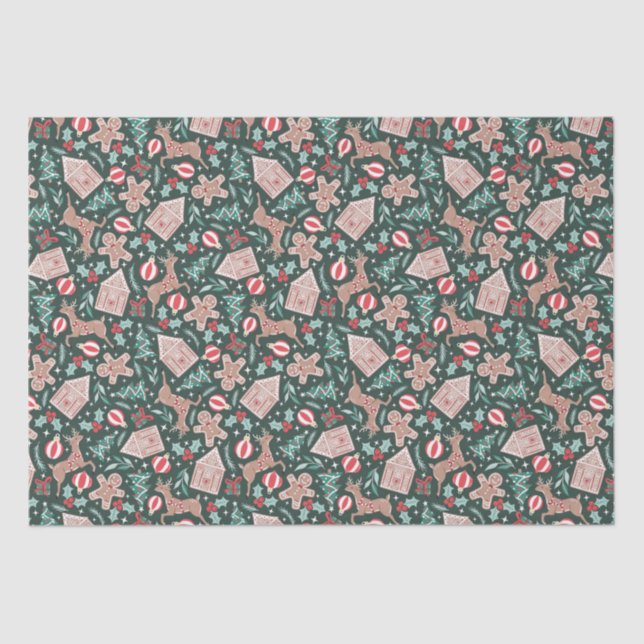 Papier Mousseline Pain d'épices, rennes et arbre de Noël (Recto)