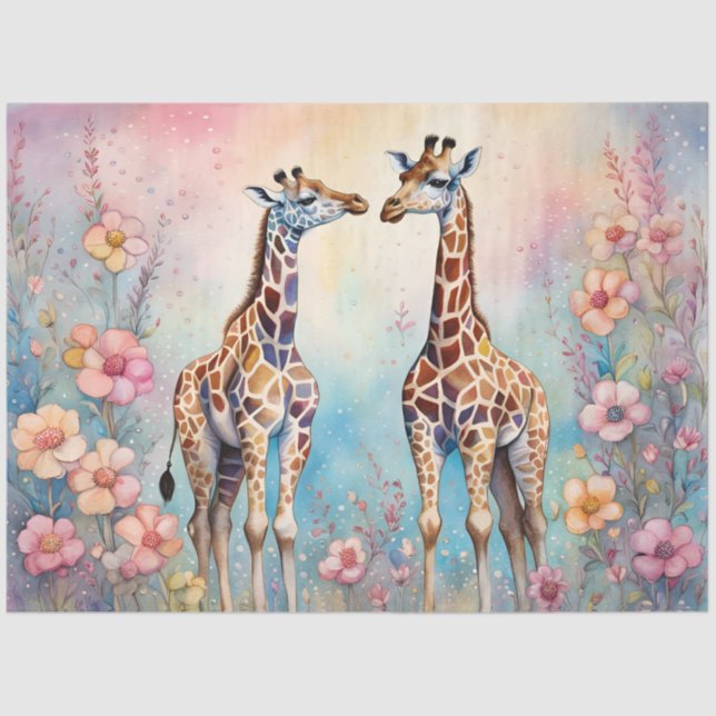 Papier Mousseline Paire de girafes en amour dans un jardin pastel (Recto)