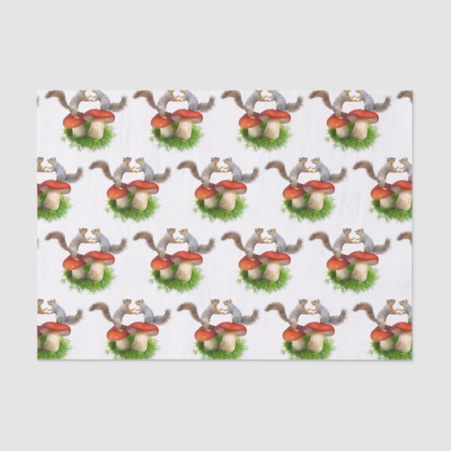 Papier Mousseline Paire d'écureuils sur les champignons rouges Papie (Recto)