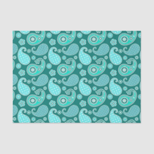 Papier Mousseline Paisley motif, Turquoise, Aqua et White (Recto)