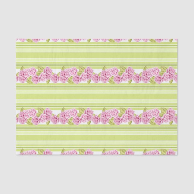 PAPIER MOUSSELINE PÂLE LIME VERT STRIPES & DÉLICATES FLEURS ROSES (Recto)