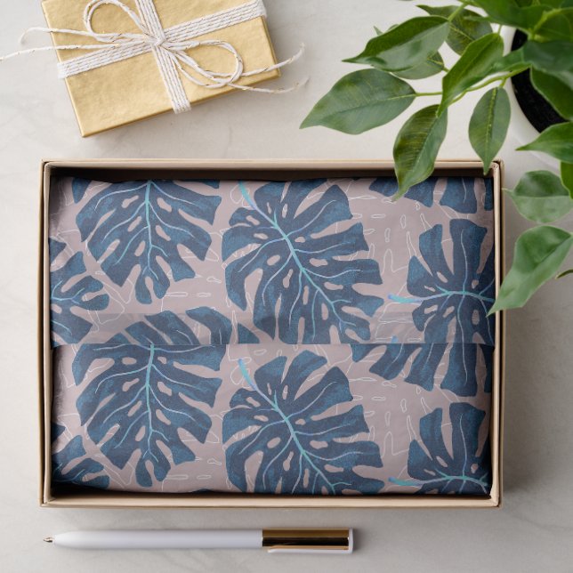 Papier Mousseline Palmier Tropical Bleu Gris (Cadeau)